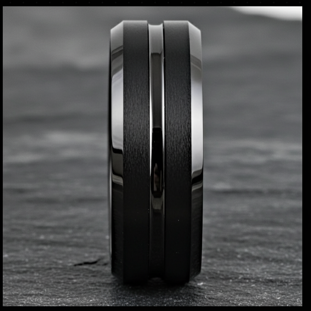 Onyx Line Tungsten Ring – Brushed Black Band with Polished Channel