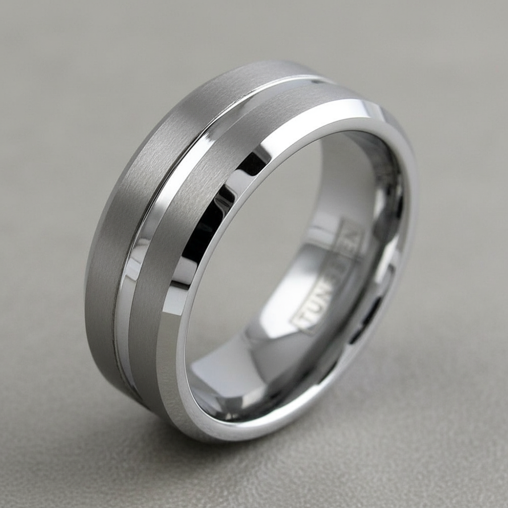 Tungsten ring close-up three-quarter view