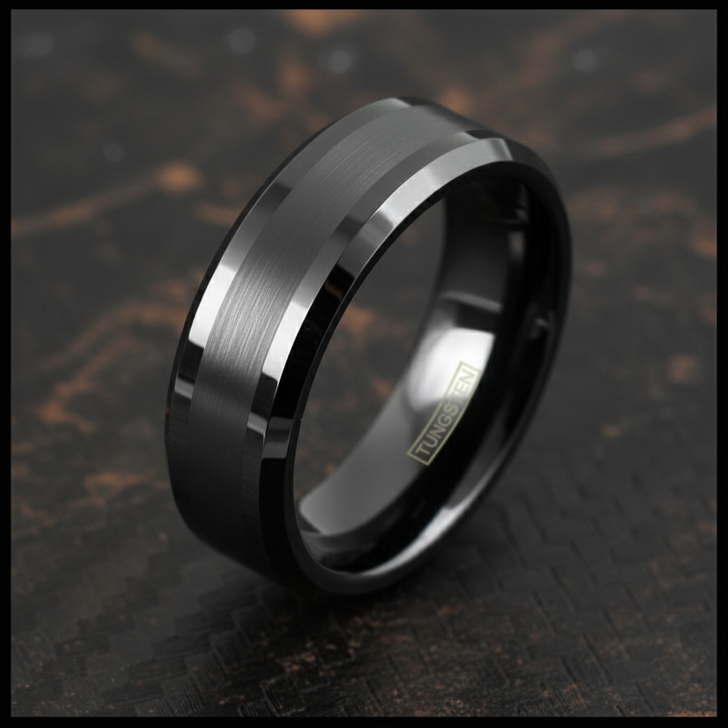 Obsidian Line Tungsten Ring – Brushed Gunmetal with Polished Beveled Edges