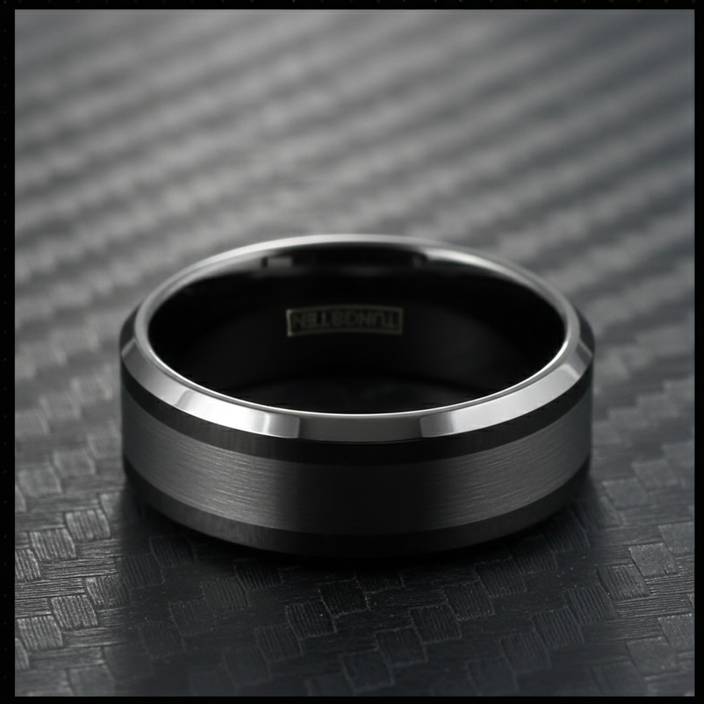 Obsidian Line Tungsten Ring – Brushed Gunmetal with Polished Beveled Edges