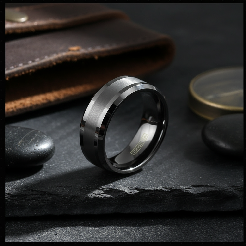 Obsidian Line Tungsten Ring – Brushed Gunmetal with Polished Beveled Edges