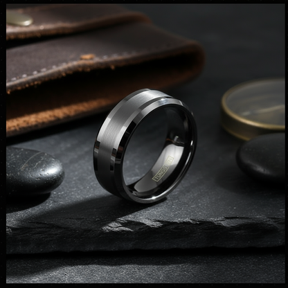 Obsidian Line Tungsten Ring – Brushed Gunmetal with Polished Beveled Edges
