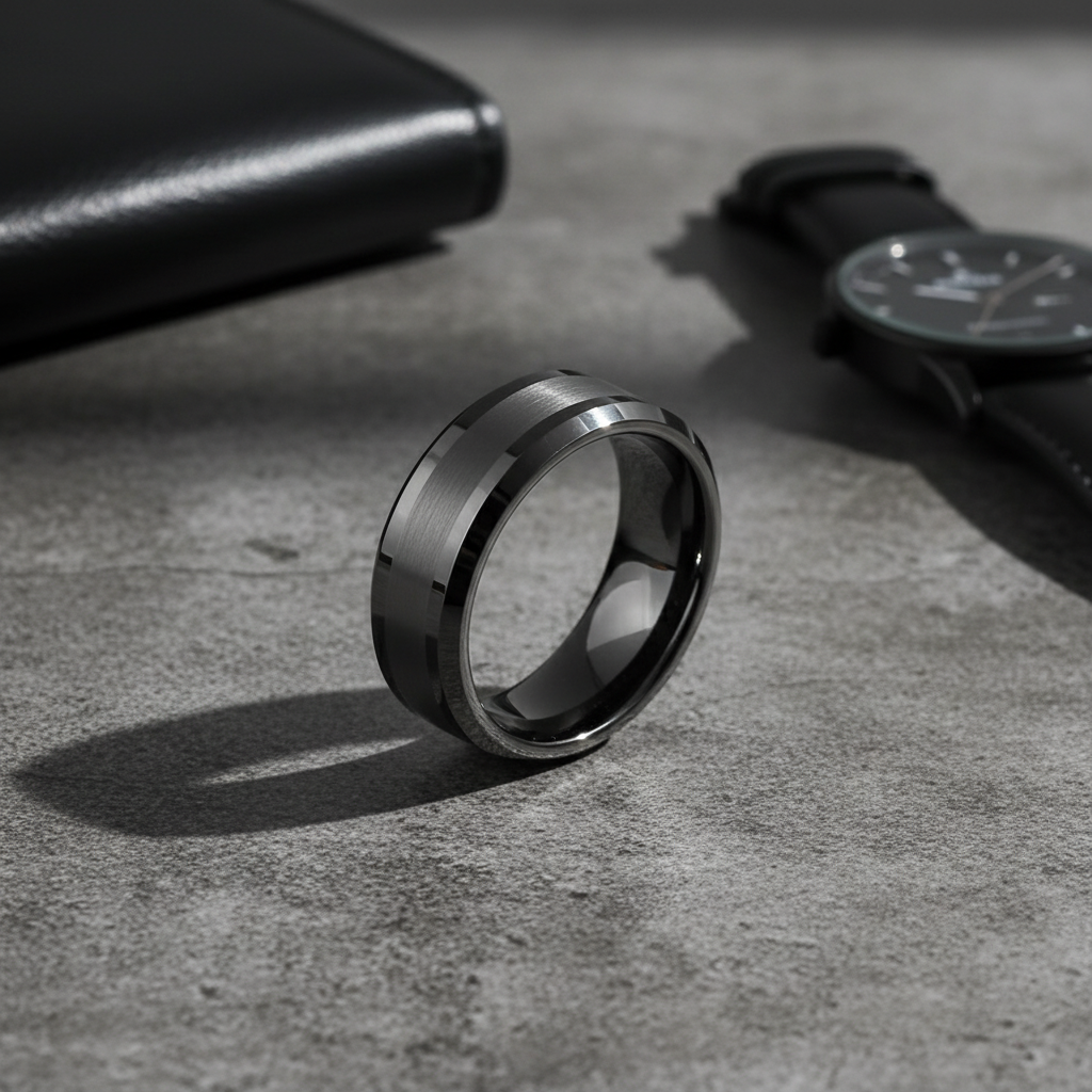 Obsidian Line Tungsten Ring – Brushed Gunmetal with Polished Beveled Edges