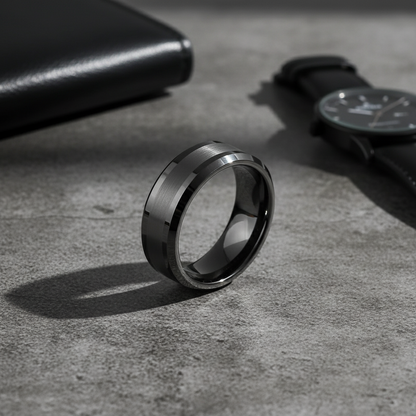 Obsidian Line Tungsten Ring – Brushed Gunmetal with Polished Beveled Edges