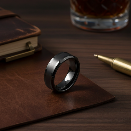 Obsidian Line Tungsten Ring – Brushed Gunmetal with Polished Beveled Edges