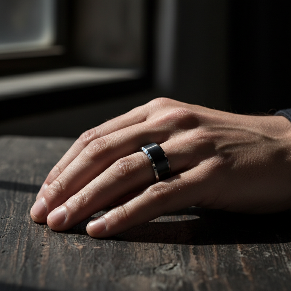 Eclipse Line Tungsten Ring – Brushed Black Center with Polished Silver Edges