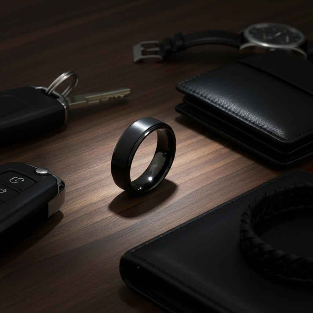 Obsidian Line Tungsten Ring – Brushed Black Band with Stepped Edges