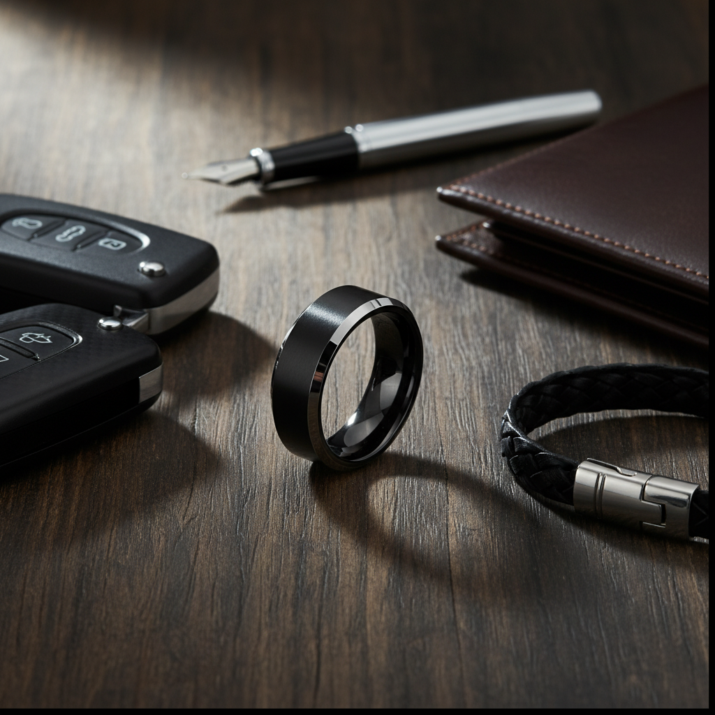 Eclipse Line Tungsten Ring – Brushed Black Center with Polished Silver Edges