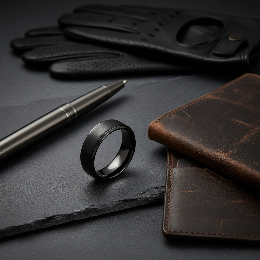 Obsidian Line Tungsten Ring – Brushed Black Band with Stepped Edges