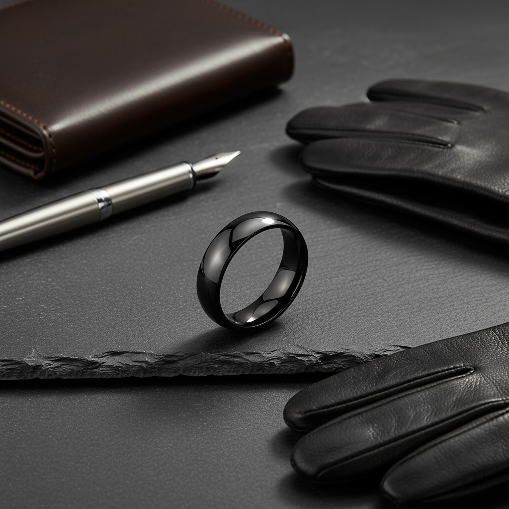 Obsidian Line Titanium Ring – Polished Black Domed Band