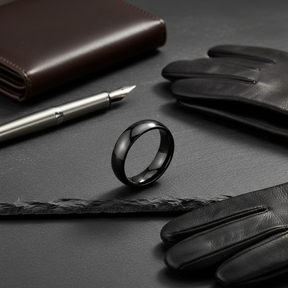 Obsidian Line Titanium Ring – Polished Black Domed Band