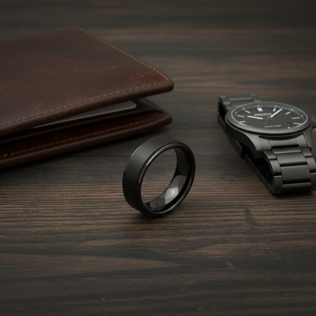 Obsidian Line Tungsten Ring – Brushed Black Band with Stepped Edges