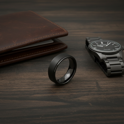 Obsidian Line Tungsten Ring – Brushed Black Band with Stepped Edges