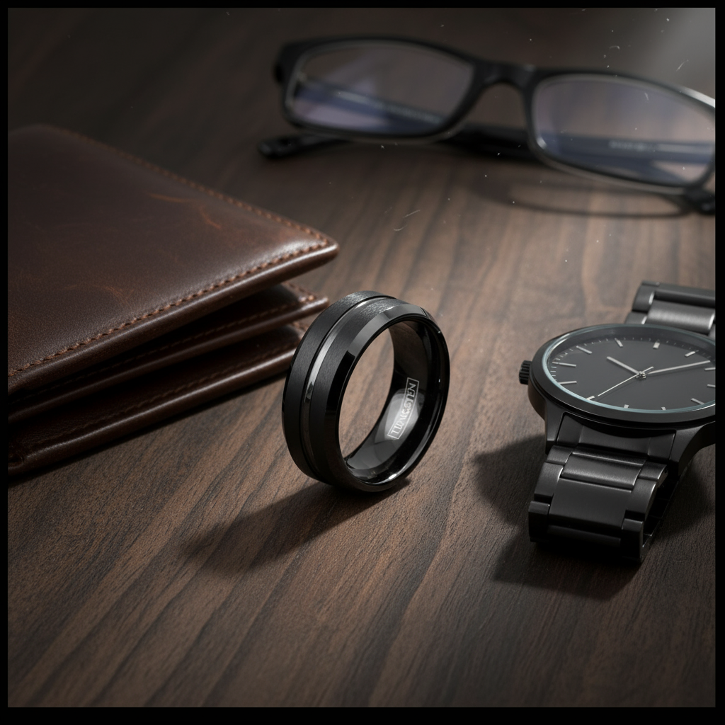 Onyx Line Tungsten Ring – Brushed Black Band with Polished Channel