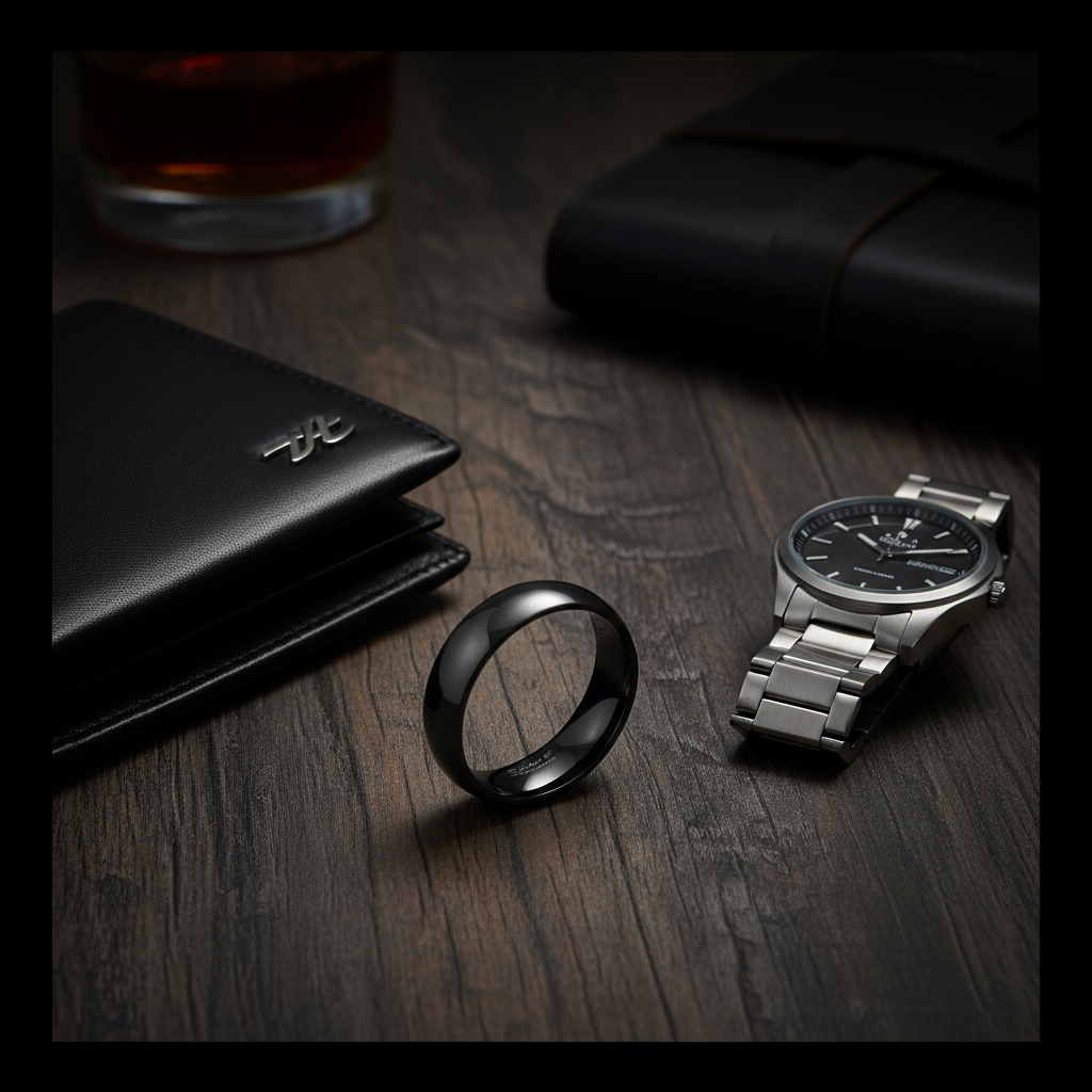 Obsidian Line Titanium Ring – Polished Black Domed Band